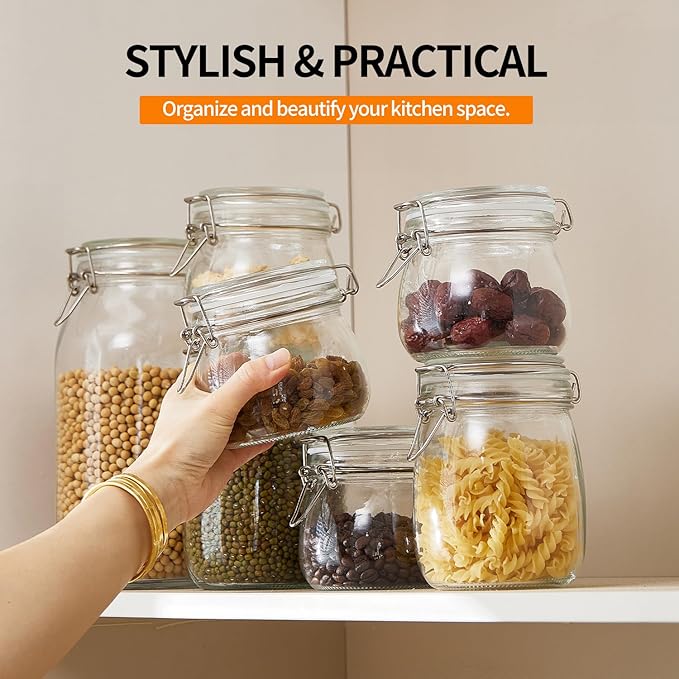 3 Pack 68oz Food Storage Jars with Airtight Lids, Preserving Seal Wire Clip Fastening Glass Containers, Canisters for Kitchen Organization, Flour, Cereal, Pasta, Sugar, Beans, Pickling Jars(68 Oz*3)