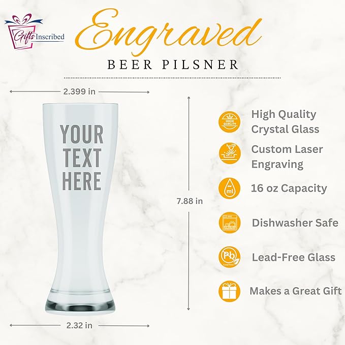 Gifts Inscribed Personalized Pilsner Beer Glass 16 oz – Engraved Tall Pint Glass Custom Text– Unique Beer Gift for Men, Dad, Groomsmen, Weddings, Birthdays, Father’s Day
