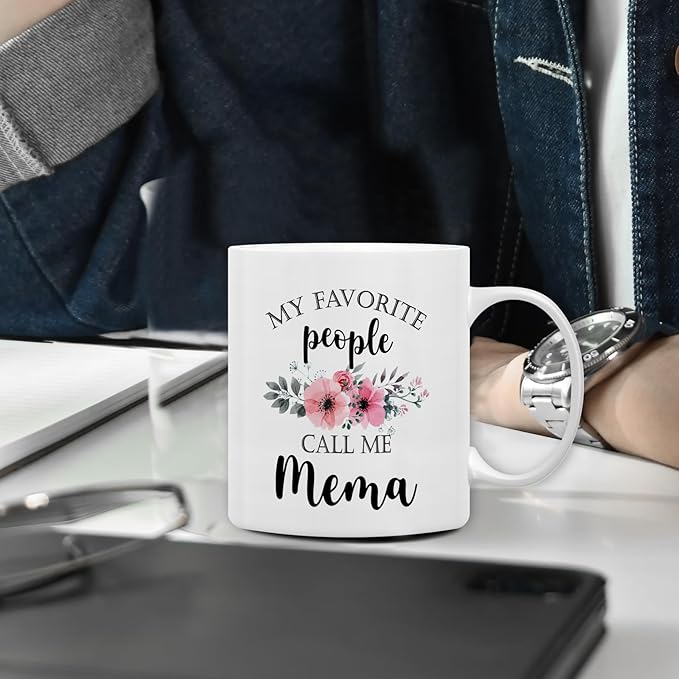 QASHWEY Mema Coffee Mug, Mema Gifts for Grandma, MemaGifts from Grandkids, Grandma Coffee Mugs, Mothers Day Mug Tea Cup Gift forMema, My Favorite People Call Me MemaCoffee Cup Ceramic 11oz