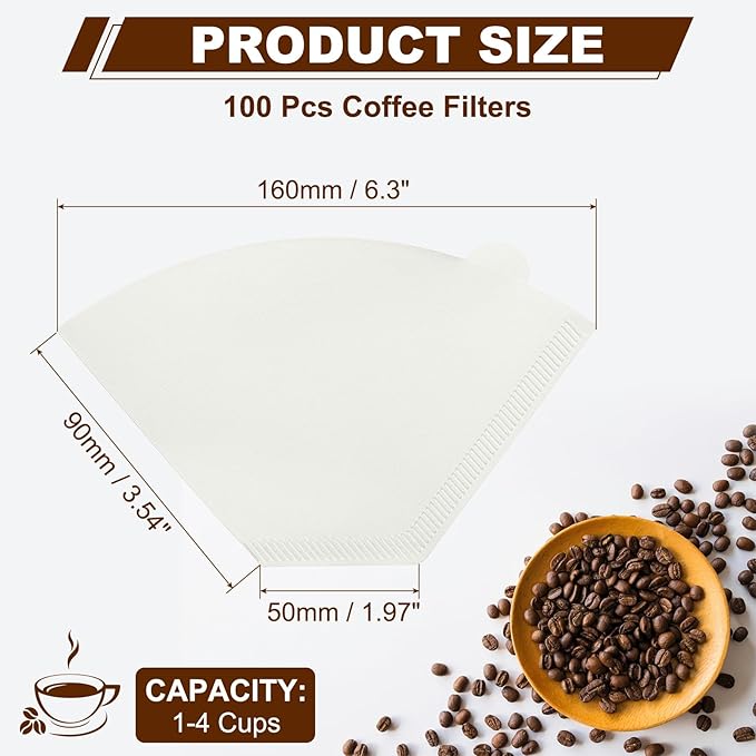 uxcell 100Pcs Coffee Filters, Disposable Fan-Shaped Paper Filter for 1-4 Cups, Suitable with Home Office Use and Drip Coffee Maker, White(U1O2)