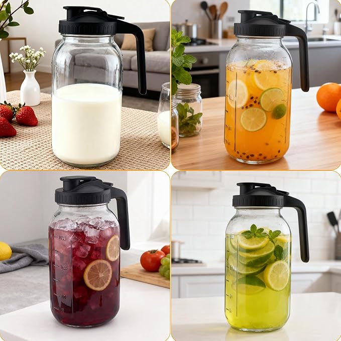 3 Pack 64oz Mason Jar Pitcher with Lid – Wide Mouth, Leakproof glass water jug, Breast Milk Pitcher for Juice, Milk, Tea, Cold Brew Coffee（3 black）