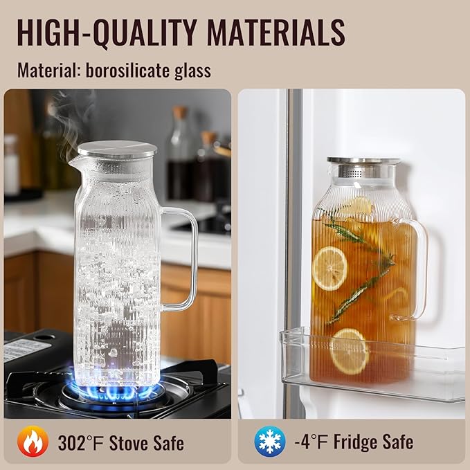 2 Pack 2 Liter/68 oz Square Glass Pitcher with Lid, Classic Stripes Water Pitchers with Handle for Fridge, Large Jug for Iced Tea, Borosilicate Glass Carafe for Hot/Cold Brew Drink, Silver