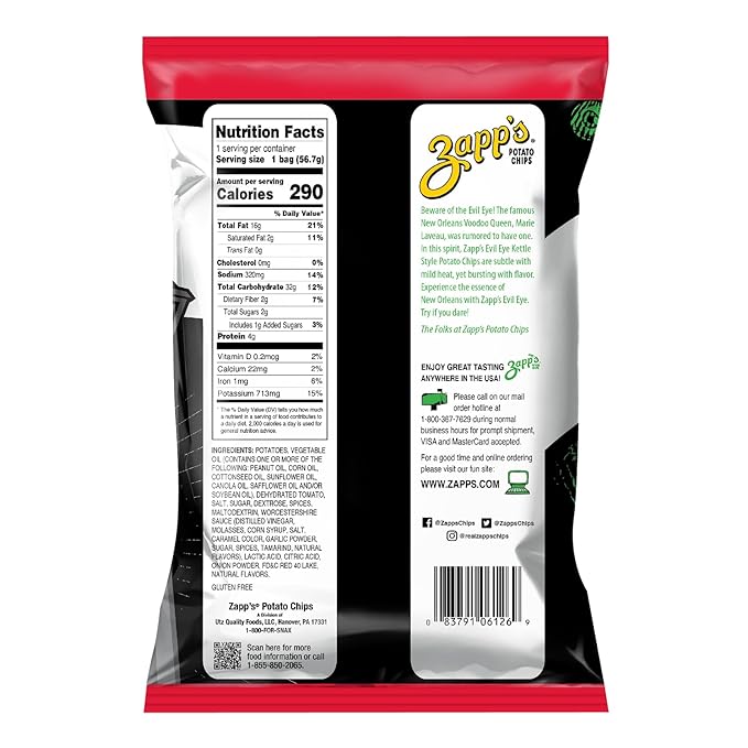 Zapp’s New Orleans Kettle-Style Potato Chips Evil Eye Flavor (2 oz Bags, 25 Count) – Crunchy Chips with a Spicy Kick – Perfect On-The-Go, Gluten Free Snack