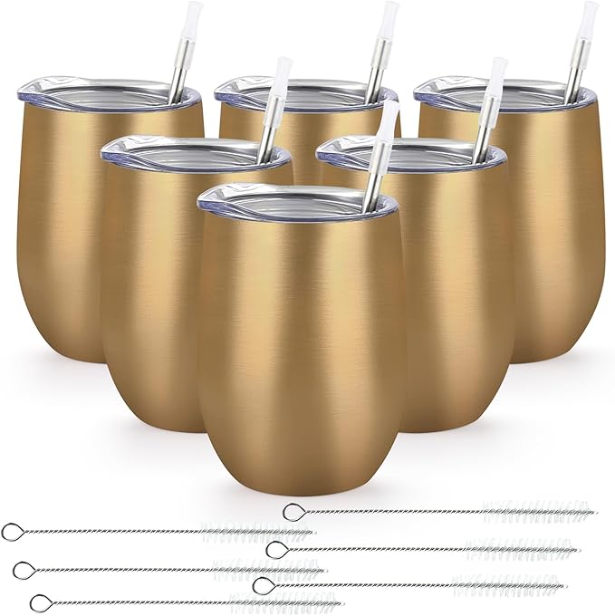 Lifecapido 6 Pack Stainless Steel Wine Tumblers, 12Oz Insulated Wine Tumbler, Double Wall Insulated Wine Glass, Stainless Steel Stemless Wine Cups with Lids for Coffee, Wine, Water, Champaign, Gold
