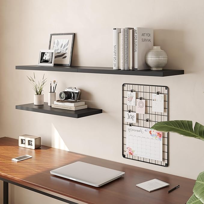 Wall Shelf Set of 1, Black Floating Shelves 24 in W x 10 in D x 1 in H, Wooden Floating Wall Shelf with Invisible Brackets for Living Room/Bedroom/Bathroom/Kitchen Storage and Decor