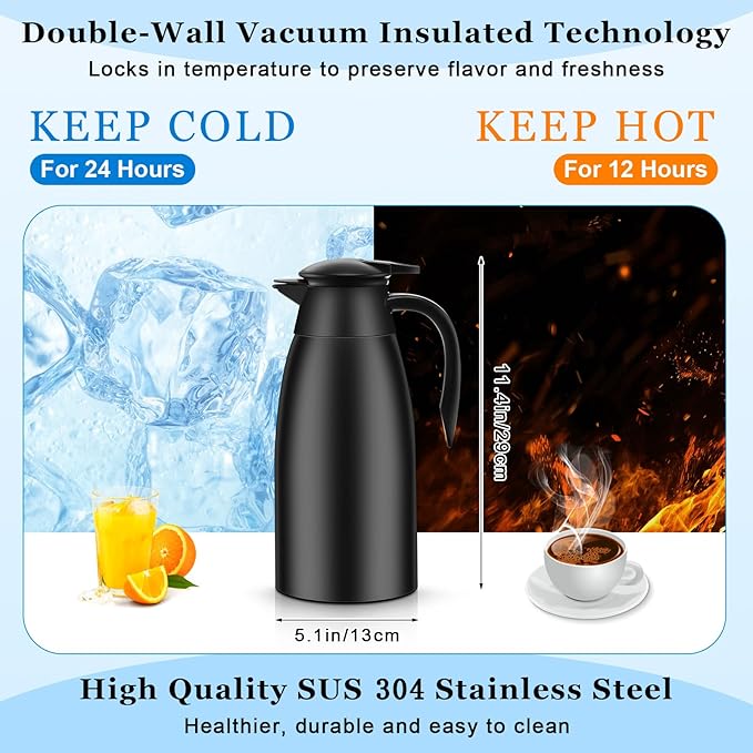 Uiifan 2 Pcs 68oz Thermal Coffee Carafe Insulated Stainless Steel Thermal Coffee Carafe Double Walled Vacuum Flask Carafes with Brushes for Keeping Tea for 12 Hours(Black, Silver)