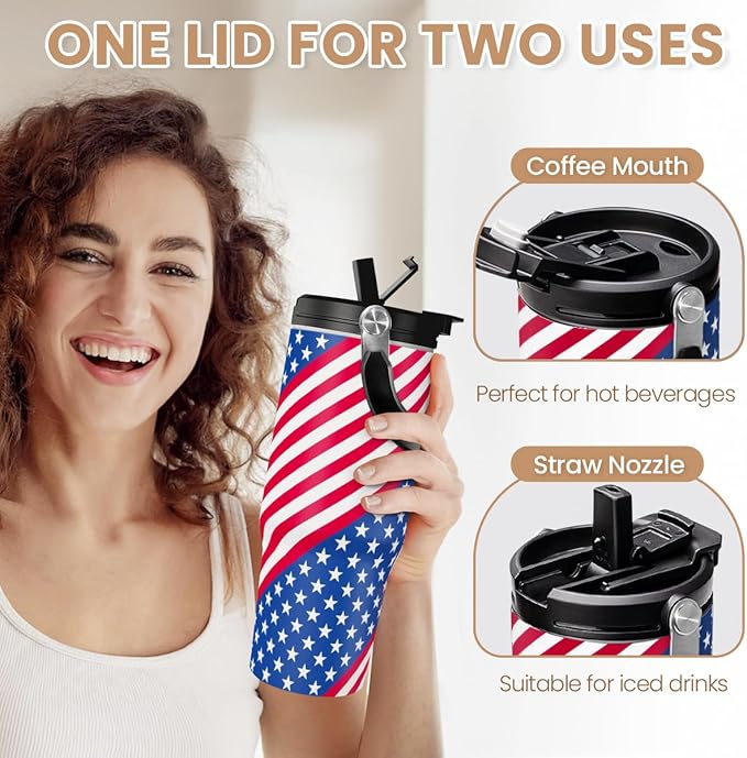 SANDJEST American Flag Tumbler with Handle 30oz, Stainless Steel Insulated Flip Straw Tumblers Coffee Travel Mug Cup, USA America Gifts for Women Men for Birthday Christmas