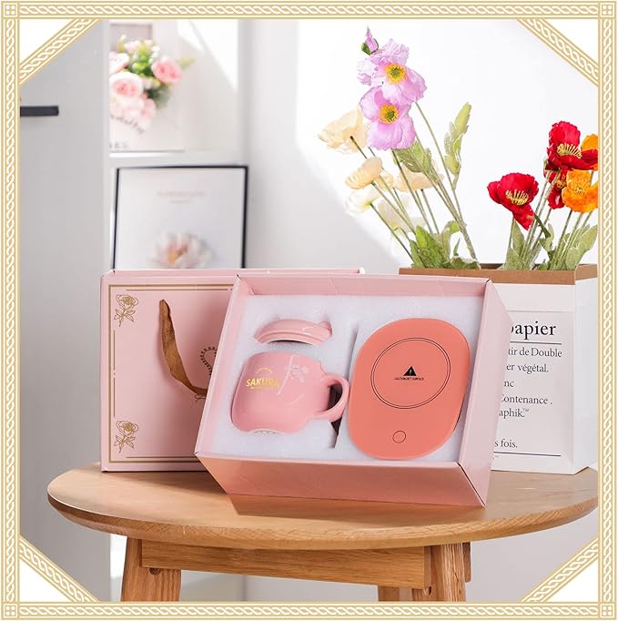 Honeydak Coffee Mug Warmer Cute Cat Mug Set Cup Warmer for Desk for Women Heated Coffee Warmer for Mom Home Office Christmas Birthday Gifts(Pink)