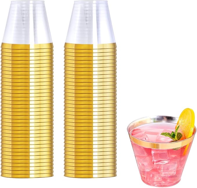 WELLIFE 120 PCS Gold Plastic Cups,9 oz Clear Plastic Cups,Disposable Wine Glasses for Party