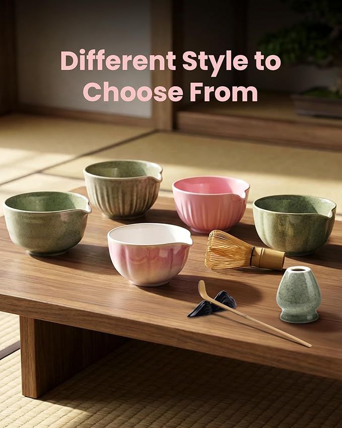 Handcrafted Matcha Kit, 7-Piece Green Tea Set, Includes Ceramic Bowl, Bamboo Whisk, Stainless Steel Sifter, Bamboo Scoop, Whisk Holder & Cotton Towel, Perfect for Tea Ceremony, Pink Big Flower