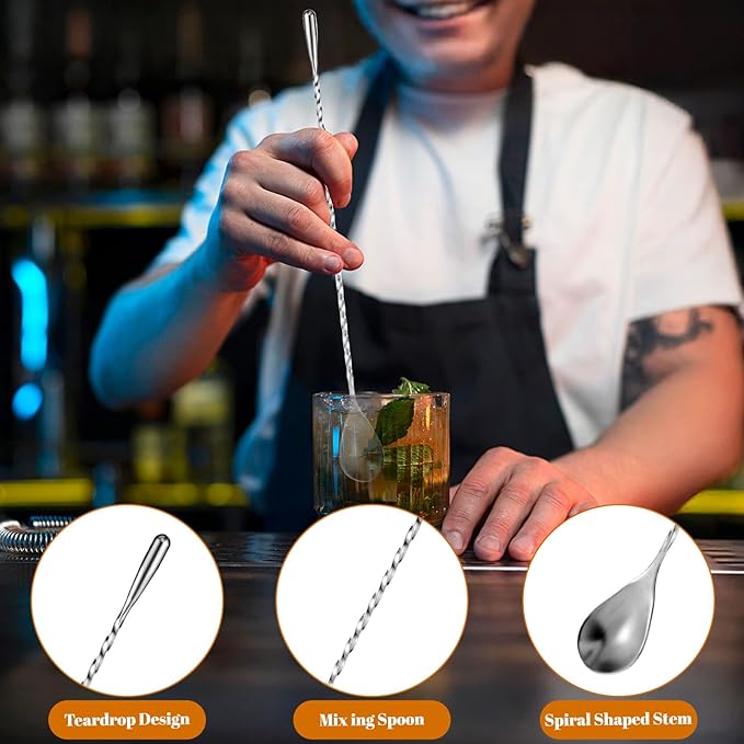 12 Pcs 12 Inches Bar Spoons Stainless Steel Mixing Spoons Spiral Pattern Long Drink Stirrer for Cocktail Shaker, Silver