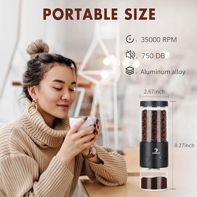SANMAS Electric Burr Coffee Grinder with Stainless Steel Grinding Core, Rechargeable Coffee Beans Mil Grinder with 80 Grind Settings from Fine to Coarse for Espresso, Portable for Camping Travel