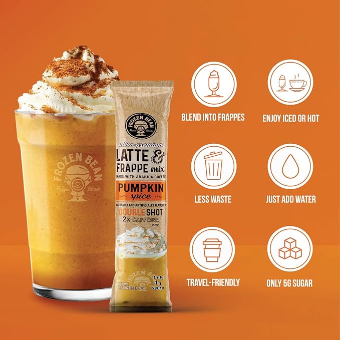 The Frozen Bean Pumpkin Spice Frappe & Latte Instant Mix (20 Sticks), Made with Arabica Coffee, Double Shot Caffeine, Low Sugar & Premium Ingredients, Hot, Iced, or Blended Drinks
