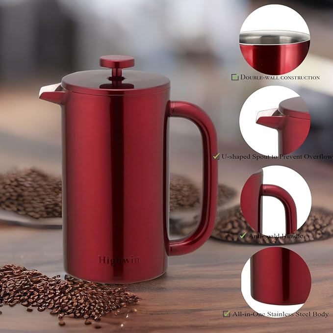 8-Cup Double Wall Insulated Stainless Steel French Coffee Press, 32-Ounce Durable Coffee Tea Maker with Stainless Steel Plunger, Red