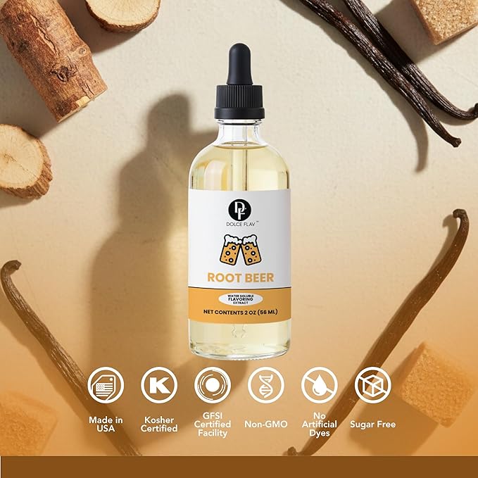 Dolce Flav Root Beer Extract - 2 Ounce Water-Soluble Multipurpose Flavoring Ideal for Baking, Beverages (Coffee, Water Mocktails), and Ice Cream - Root Beer Essence Perfect for Weight Management