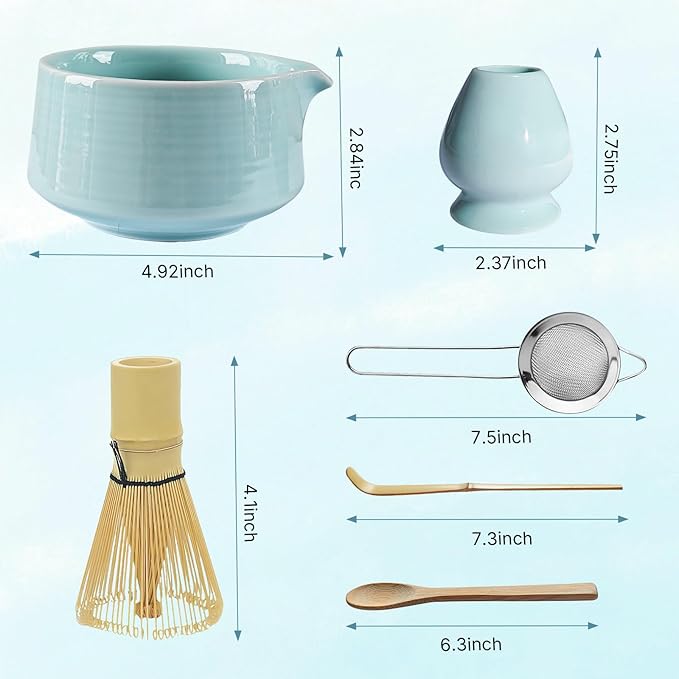 Matcha Whisk Set, Matcha Bowl, Matcha Whisk,Chasen Holder, Sieve, 2 Spoons, 6-Piece Set of Matcha Making Tools for Matcha Lovers and Traditional Tea Art Gift Box(Green)