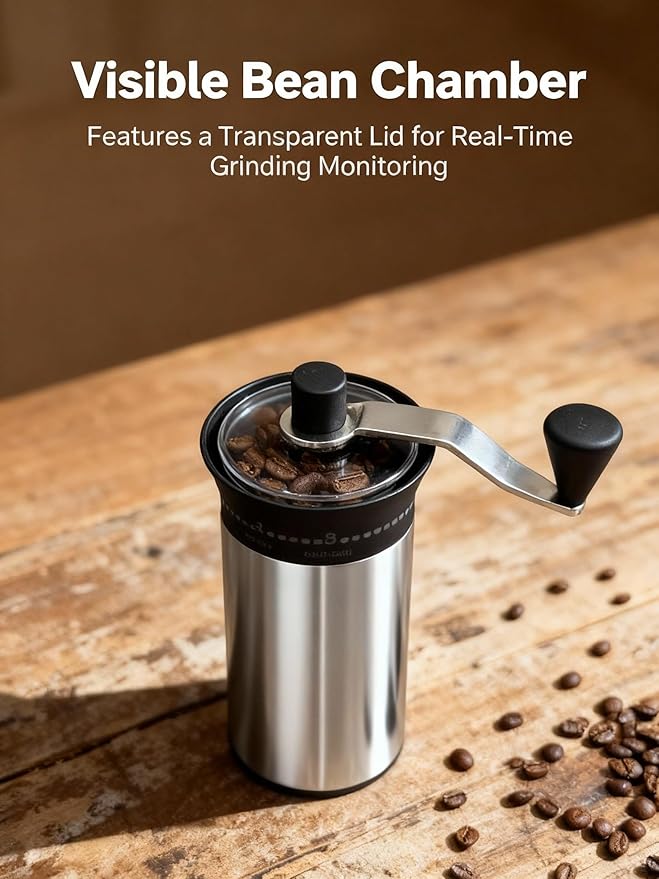 LAMIDO Mini Manual Coffee Grinder, 56 External Adjustable Settings, 30g Capacity, Portable Ceramic Conical Burr Mill with Crank, Single Dose Hand Grinder for Camping, Travel - Stainless Steel Finish