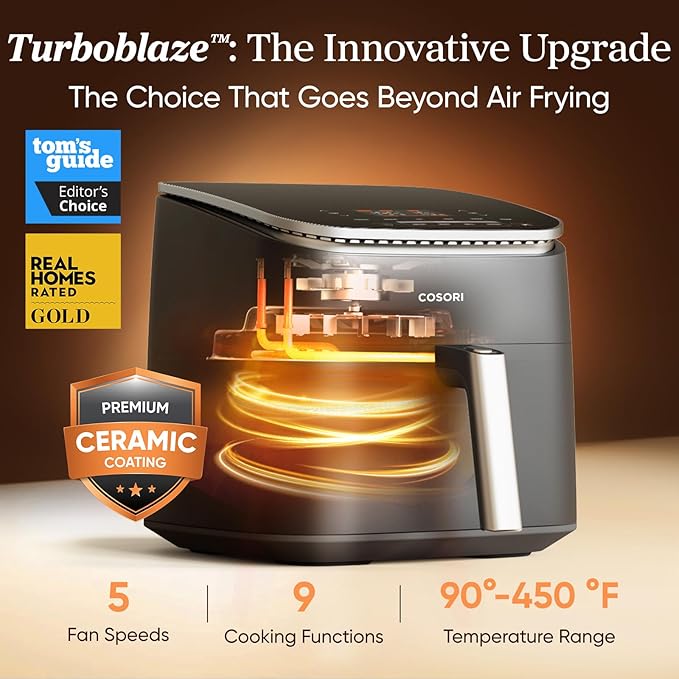 Cosori 9-in-1 TurboBlaze Air Fryer 6 Qt, Premium Ceramic Coating, 90°–450°F, Precise Heating for Even Results, Air Fry, Roast, Bake, Broil, Dry, Frozen, Proof, Reheat, Keep Warm, 120V, Dark Gray