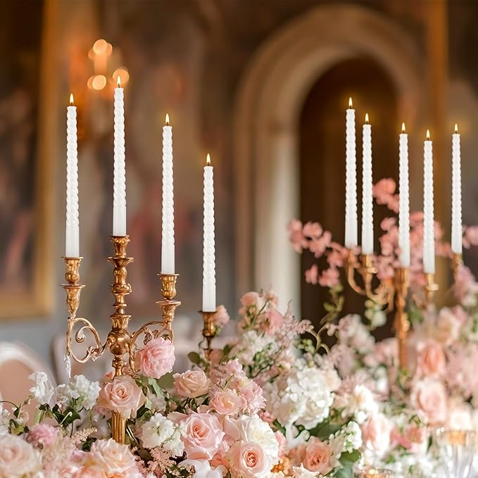 10 Inch White Spiral Taper Candle Set of 12 Pack Unscented Dripless Candlesticks for Valentine's Day,Dinner,Party,Brithday,Wedding,Christmas,and Home Decoration