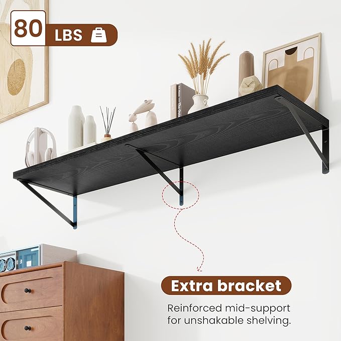 Deep Wall Shelves 55"W x 12"D Engineered Wood Floating Shelves for Wall, Sturdy Metal Bracket Bookshelves Home Decor Storage for Living Room Bedroom Bathroom Kitchen, Set of 2, Black Finish