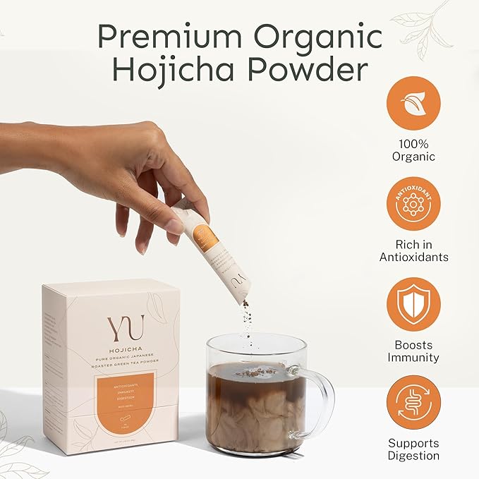 Yu Tea Organic Hojicha Green Tea Powder, 30 Instant Packets | Rich in Antioxidants & EGCG | Pure Japanese Roasted Green Tea | Low Caffeine & Unsweetened Matcha Alternative | Single Serve Sticks