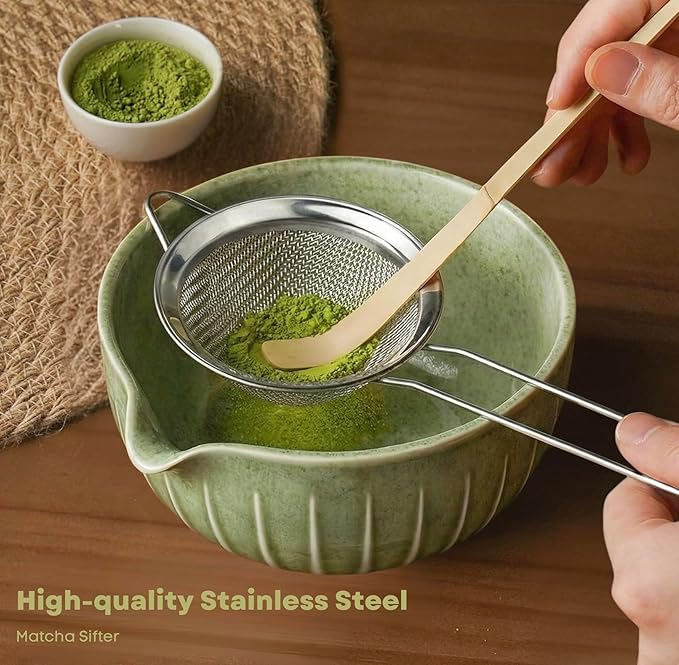 Matcha Whisk Set with Matcha Bowl - Matcha Set Included Electric Frother, Bamboo Whisk, Matcha Spoon, Bamboo Holder, Sifter, Spoon Stand (Mottled Green)
