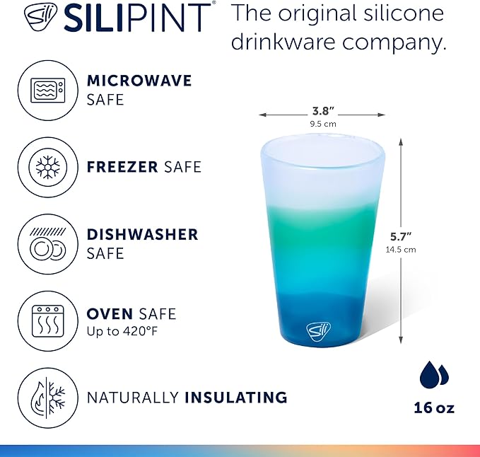Silipint 16oz Silicone Pint Glass – Unbreakable BPA-Free Reusable Silicone Drinking Cup – Flexible Dishwasher Microwave & Freezer Safe – Stemless Glass for Water Coffee Smoothies (Mountain Air)