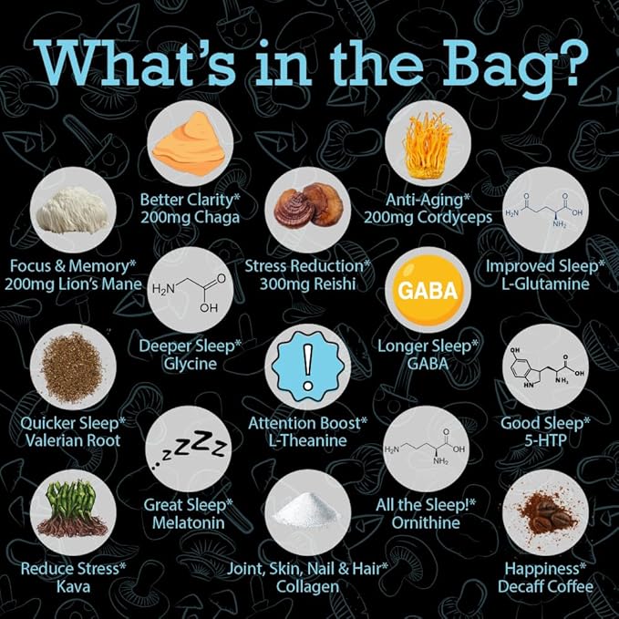 Sleep Boost with Kava Organic mushroom Instant Coffee - 10 x 9g Packets - Healthy Coffee alternative and Substitute - With Collagen, Lions Mane and Antioxidants