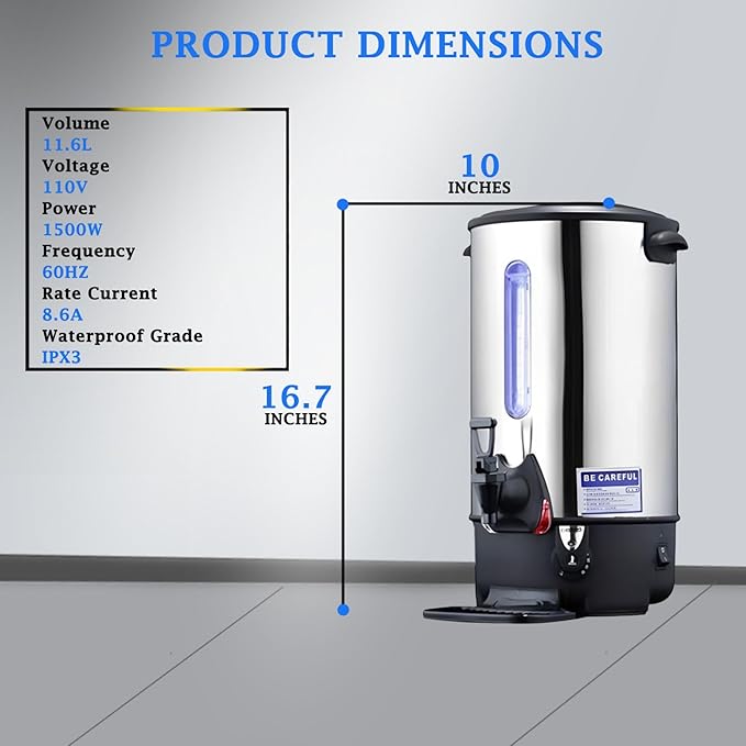 Commercial Electric Kettle Warmer Stainless Steel Hot Water Dispenser Hot Water Boiler And Warmer with Faucet Quick-Temp or Boil for Tea Coffee 1500W 11.6 Liter Capacity