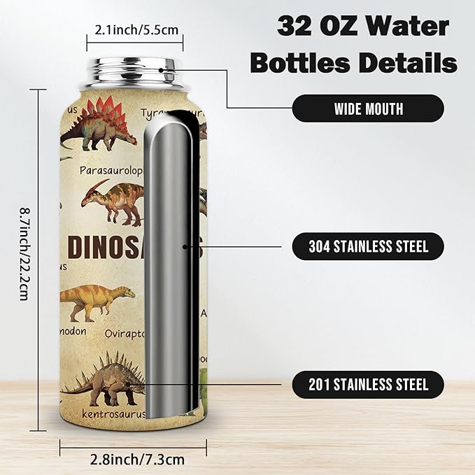 Dinosaur Gifts for Boys Men, 32 oz Insulated Water Bottle Stainless Steel Tumbler, Sports Travel Water Bottles, Dino Cups Gifts for Dinosaur Lovers (1pcs)