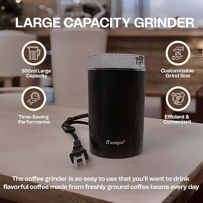 B Unique Electric Coffee & Spice Grinder, 300ml Stainless Steel | Powerful Grinder for Beans, Herbs, Nuts & Seeds | Fast, Safe, Easy to Clean | Compact Kitchen Design