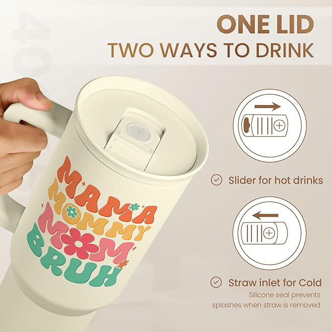 Mom Tumbler with Handle 40oz, Mama Mommy Mom Bruh Cup Stainless Steel Insulated Tumblers Coffee Travel Mugs, Gifts for Moms from Daughter Son, Best Mother Gift for Birthday Christmas Mothers Day