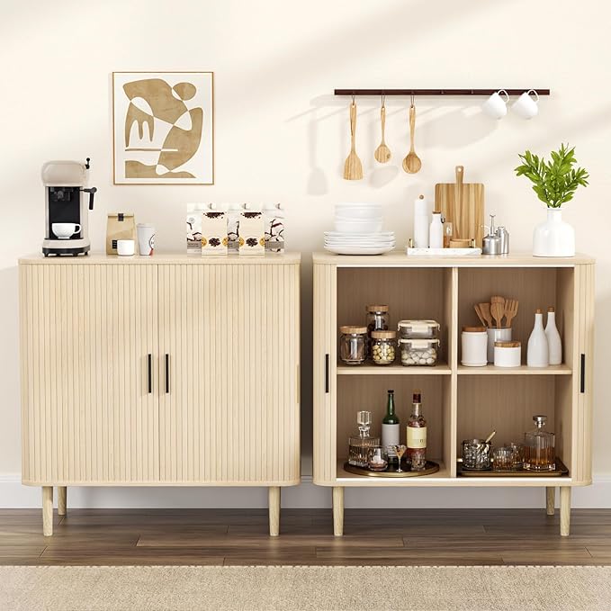 35" Fluted Accent Buffet Cabinet, Oak Small Storage Sideboard with Sliding Door, Mid Century Natural Credenza with Solid Wood Leg, Wine Coffee Bar Console Table for Kitchen, Entryway, Diningroom