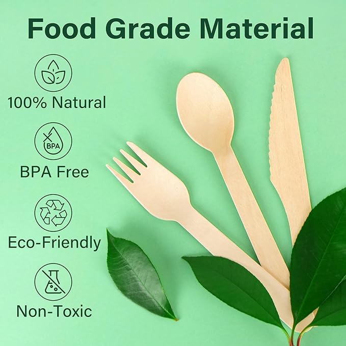 LotFancy Disposable Cutlery Set, 200Pcs Wooden Compostable Utensils (100 Forks, 50 Spoons, 50 Knives) Eco-Friendly Forks And Spoons Silverware