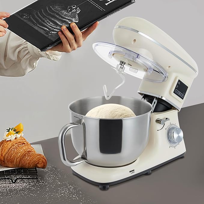 6.5Qt Stand Mixer, 1350W Electric Household Stand Kitchen Mixer With Lcd Timer Display, 6-Speed Dough Maker With Whisk Beater & Hook, For Baking Bread Cake Cream, Compact For Small Kitchen (white)