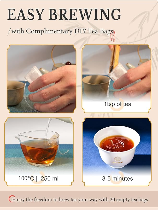 CO-OP 1950 Anhua Tianjian Dark Tea Loose Leaf, 150g, Traditional Aged Chinese Hei Cha from Hunan with Smoky Aroma, Smooth, Earthy & Mellow Post-Fermented Tea, No Additives, 20 DIY Empty Teabags