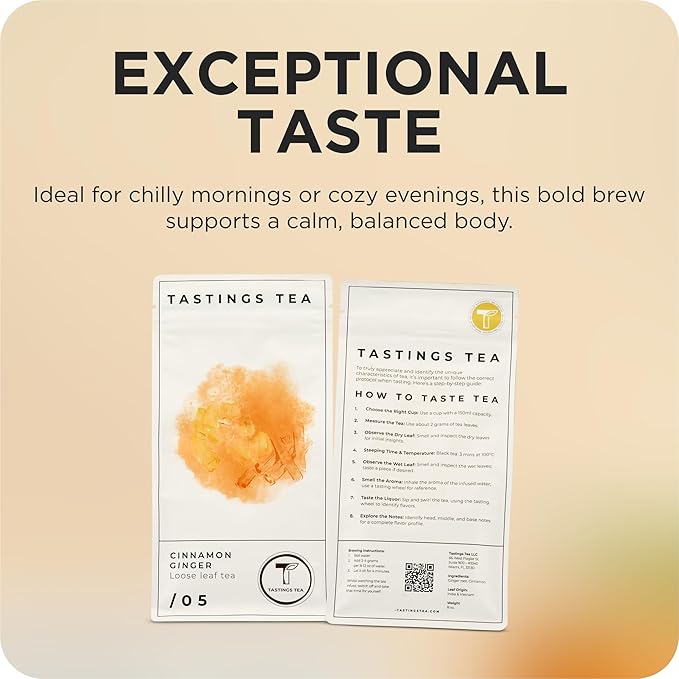Tastings Tea Cinnamon Ginger Loose Leaf, 8 oz | Winter Warming Herbal Spice Blend for a Seasonal Brew | Natural Antioxidants for Wellness | Small Batch & Sustainably Sourced | Resealable Pouch