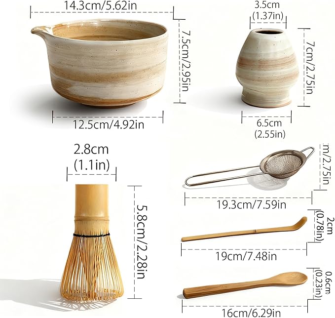 Matcha Whisk Set, Matcha Set, 6 Pieces, with Bamboo Whisk, Ceramic Bowl & Sifter Complete Matcha kit Tea Includes Scoop & Spout Bowl, Traditional Japanese Tea Accessories for Home (set of 6)