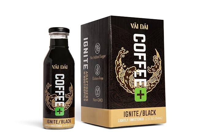 Vai Dai Coffee Black 12-pack, Lightly Sweetened, Ready-to-Drink, Functional, Adaptogens & Nootropics for Energy, Focus & Mental Clarity, with Lion’s Mane, Ashwagandha, Mushrooms & Cordyceps, Gluten-Free, Non-GMO. VaiDai