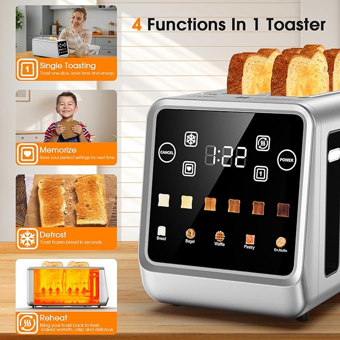 4 Slice Toaster with Smart Digital Touchscreen & 1-Touch Memory | Stainless Steel Long Extra-Wide Slot for Bagels & Artisan Bread | Single-Slice Defrost and Reheat Modes