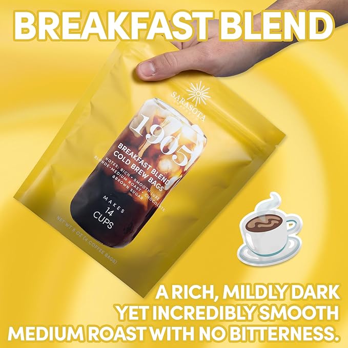 Sarasota Coffee 1905 Cold Brew Coffee Bags | Breakfast Blend Blonde-Medium Roast | 100% Arabica | Smooth & Low Acid | Ground Pouches | Cold Brew Kit Makes 14 Cups | Rich & Smooth Flavor