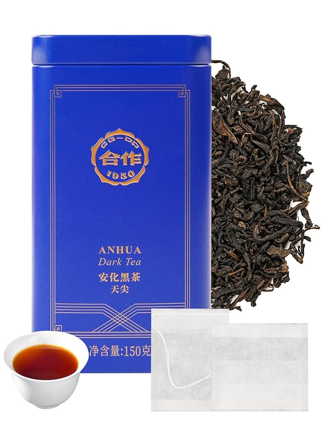 CO-OP 1950 Anhua Tianjian Dark Tea Loose Leaf, 150g, Traditional Aged Chinese Hei Cha from Hunan with Smoky Aroma, Smooth, Earthy & Mellow Post-Fermented Tea, No Additives, 20 DIY Empty Teabags
