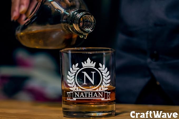 Personalized Whiskey Glass for Men, Custom Engraved Name & Initial Rocks Glasses, 11oz, Barware for Men, Father’s Day Gifts - Set of 4