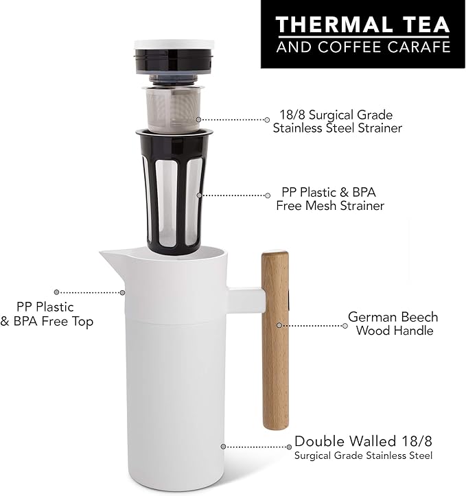Hastings Collective Thermal Coffee Carafe 40 Oz - Stainless Steel Double Walled Vacuum Insulated Carafe - 1 Liter Thermal Coffee Pot Thermos, Travel Size Beverage Dispenser with Tea Infuser (White)