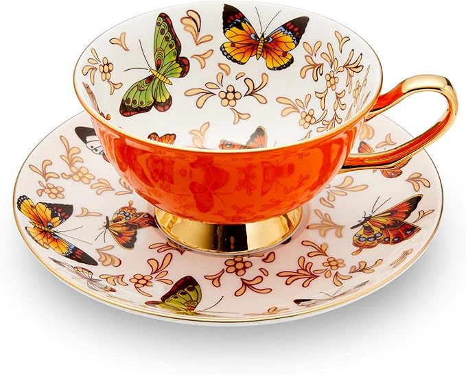 LURRIER Coffee Cup Mug with Saucer for Latte, Cappuccino Tea with Butterflies 6.8 Oz Fine Bone China, Dishwasher Safe, Reactive Glaze, 1 Pcs