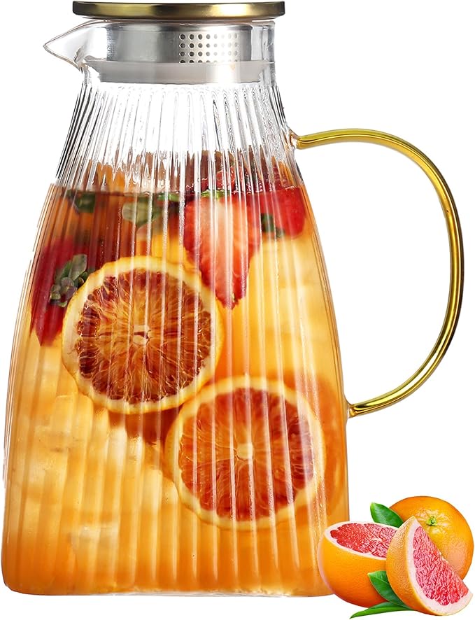 2.5L 86 OZ Glass Pitcher with Lid and Handle for Fridge,Large Hot Cold Water Carafe for Cold Brew.Coffee,Lemonade,Iced Sun Tea,Beverage,Milk,etc,heat-resistant borosilicate glass water jug