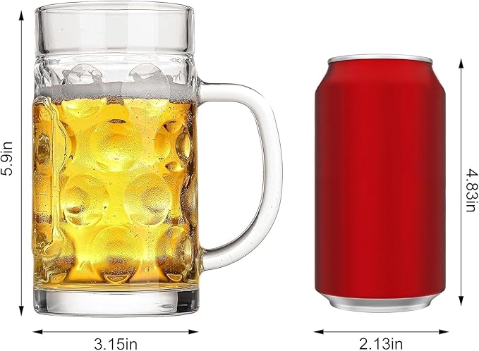 20oz Heavy Glass Beer Mug Set of 6 with Handle,Beer Mugs for Freezer, Large Glass Beer Stein