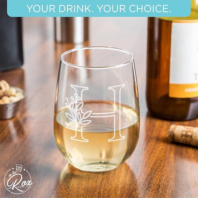 On The Rox Drinks Monogrammed Gifts For Women and Men - Letter A-Z Initial Engraved Monogram Stemless Wine Glass - 17 Oz Personalized Wine Gifts For Women and Men (H)