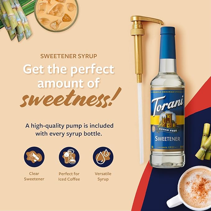 Torani Sugar Free Sweetener, Zero-Calorie Syrup for Drinks, Pump Included, 25.4 Fl Oz