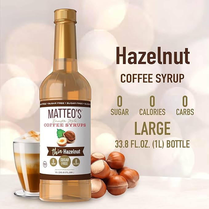 Matteo's Hazelnut Syrup for Coffee, Lattes, Cappuccinos & Desserts – Sugar-Free Sweetener for Beverages, Keto Friendly, Zero Calories, Indulgent Flavor, Non-Alcoholic, Ideal for Coffee 33.8oz (6pk)